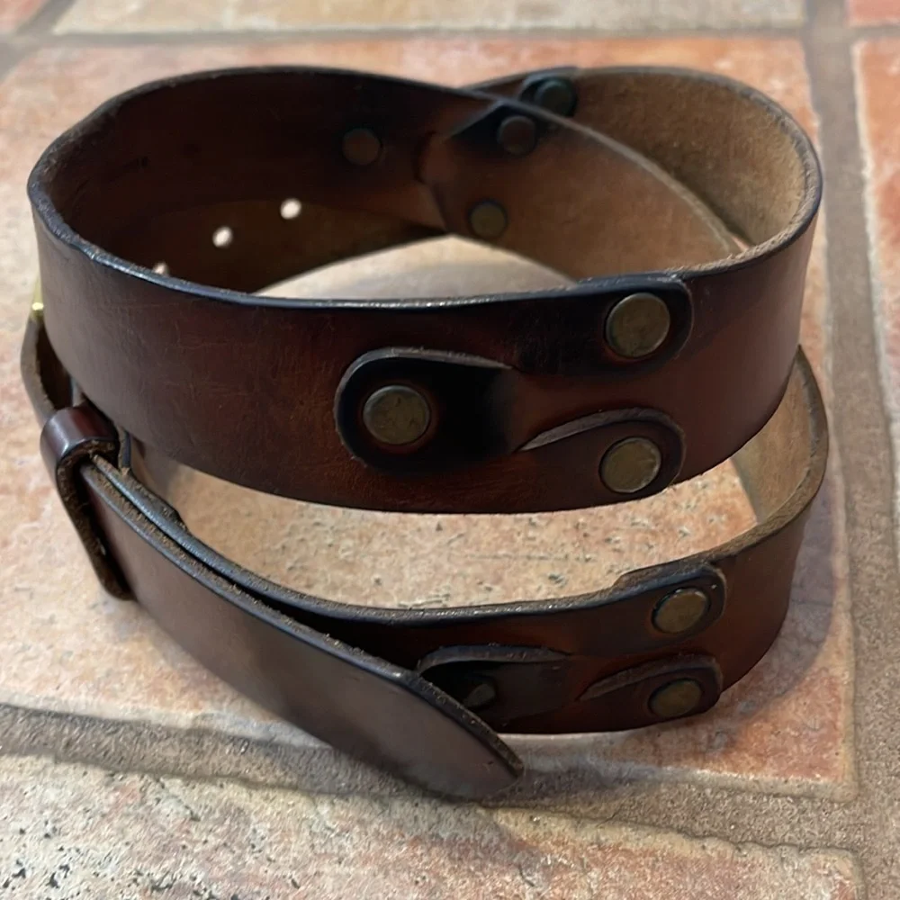 Very vintage Eddie Bauer, leather and grommet belt with brass buckle size 36